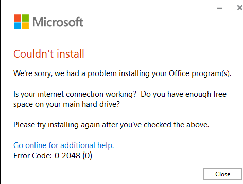 How to solve this Installation Error Code 0-2048-0